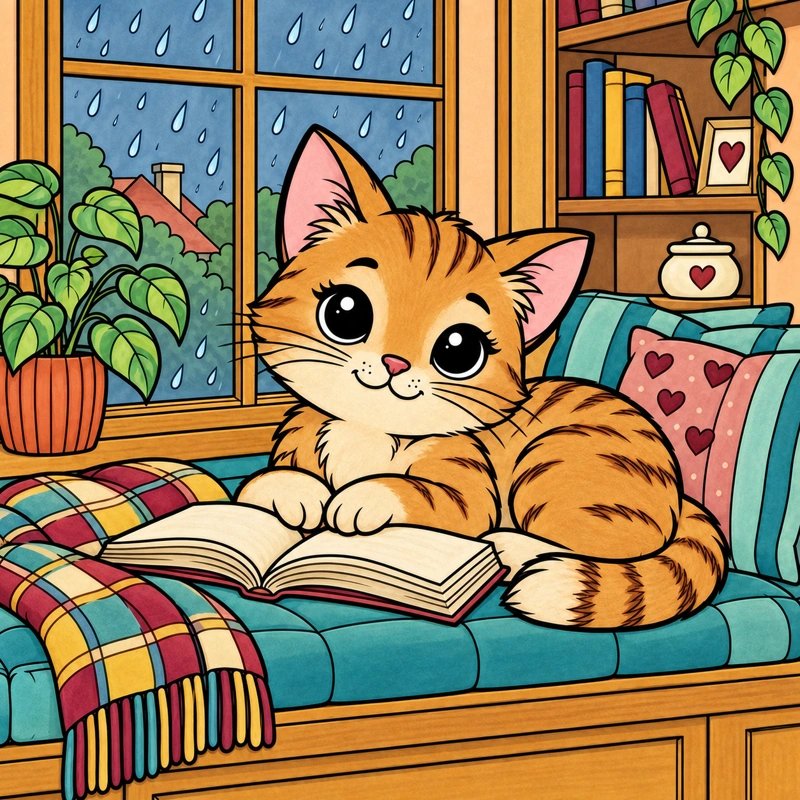 Colored rainy-day reading scene from Little Daydreams