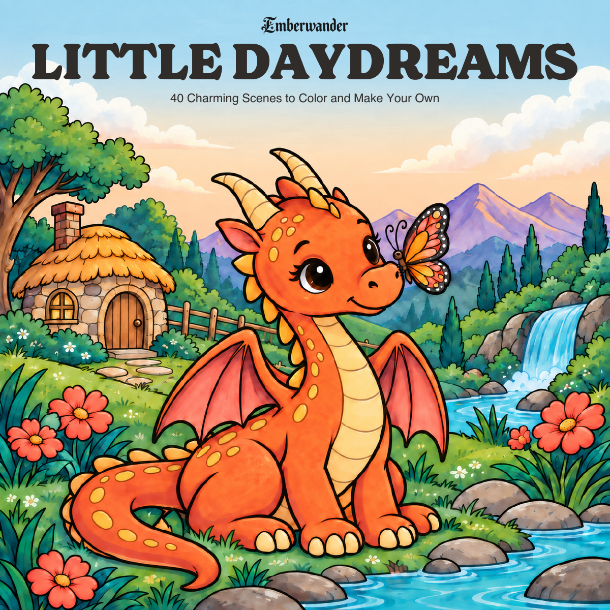 Little Daydreams coloring book cover: an orange dragon in a colorful river valley