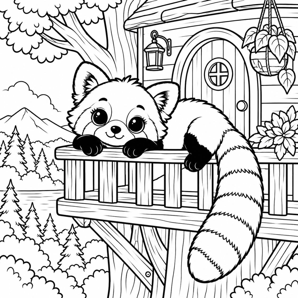 A red panda on a leafy treehouse balcony