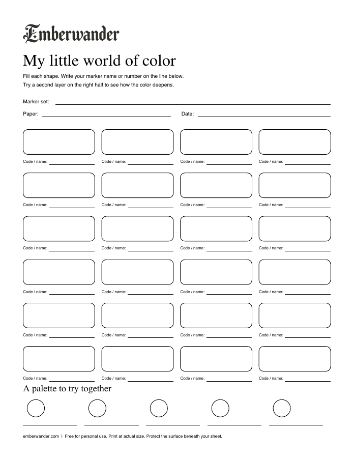 Printable Emberwander swatch sheet with 24 blank color boxes and a five-color palette row